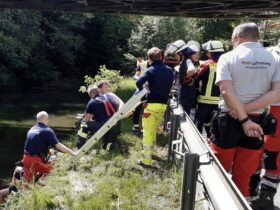 Mit einer Steckleiter kam der verunglückte Radfahrer wieder aus der Pegnitz heraus.