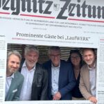 David Blank vom Bund der Selbstständigen Lauf, Bürgermeister Thomas Lang, der stellvertretende Landrat Helmut Brückner, Andrea Rübenach vom Bund der Selbstständigen in Bayern und Kai Herrmann, Geschäftsführer des Verlags Hans Fahner, bei der Veranstaltung.