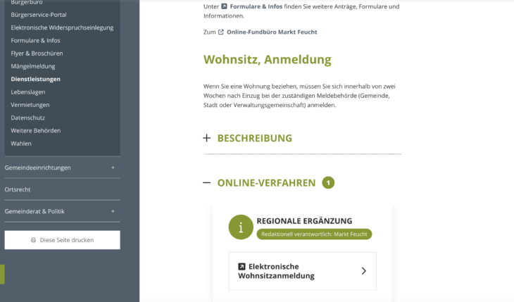 Über die Internetseite der Marktgemeinde Feucht wird man weitergeleitet zum Onlineverfahren der elektronischen Wohnsitzanmeldung.