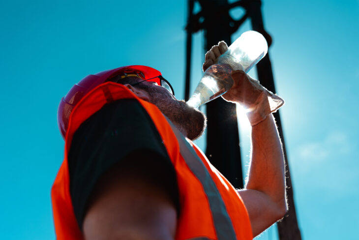 Ein Bauarbeiter trinkt bei praller Sonne aus einer Wasserflasche. Bei hohen Temperaturen ist ausreichendes Trinken besonders wichtig.