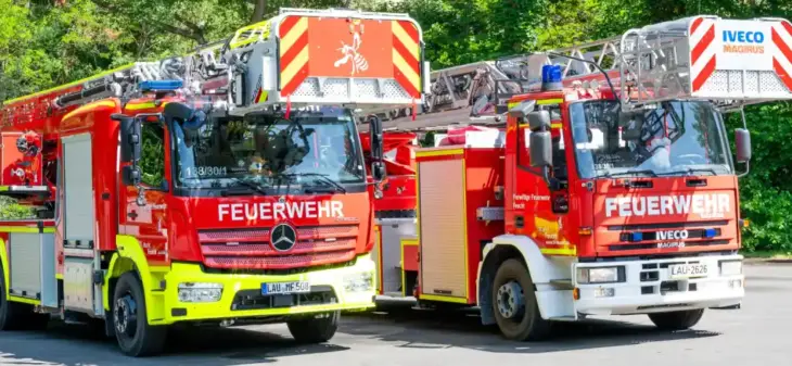 16 Tonnen schwer und vollgepackt mit Technik: Das neue Magirus M32L-AT SC (links) löst das Fahrzeug aus dem Jahr 1999 ab. Dieses bleibt bis August im Dienst. Was danach damit geschieht, ist noch nicht entschieden.