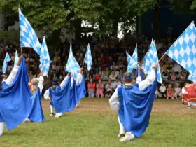 Die Klassen 4a, 4b und 4c der Laufer Bertleinschule tanzten den Fahnenreigen. Einstudiert mit den Schülern hatten ihn Sonja Durst und Joachim Ruck.