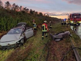 Das Auto überschlug sich mehrfach und landete im Grünstreifen neben der Autobahn.