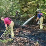 In dem Waldstück löschte die Schwarzenbrucker Wehr zunächst die offenen Flammen ab und dämmten die weitere Ausbreitung durch das Ablöschen der Brandränder ein. Anschließend lockerten die Einsatzkräfte den Boden in Teilbereichen mit Spezialgerät auf.