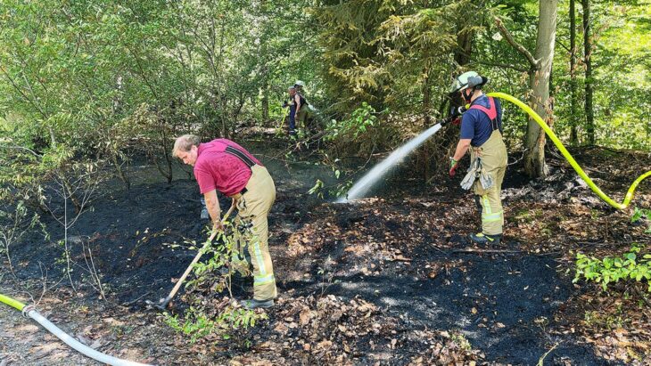 In dem Waldstück löschte die Schwarzenbrucker Wehr zunächst die offenen Flammen ab und dämmten die weitere Ausbreitung durch das Ablöschen der Brandränder ein. Anschließend lockerten die Einsatzkräfte den Boden in Teilbereichen mit Spezialgerät auf.