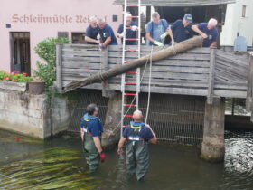 Das Technische Hilfswerk griff den Altstadtfreunden unter die Arme. Gemeinsam wuchteten die Helfer zwei schwere Baumstämme aus der Pegnitz. Sie hatten zuvor den Rechen der Schleifmühle an der Wasserbrücke blockiert. ⋌Foto: Altstadtfreunde Lauf