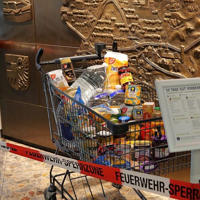 Zeigt, welche Produkte eine Person für zehn Tage in der Vorratskammer haben sollte: Einkaufswagen im Landratsamt.