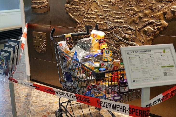 Zeigt, welche Produkte eine Person für zehn Tage in der Vorratskammer haben sollte: Einkaufswagen im Landratsamt.